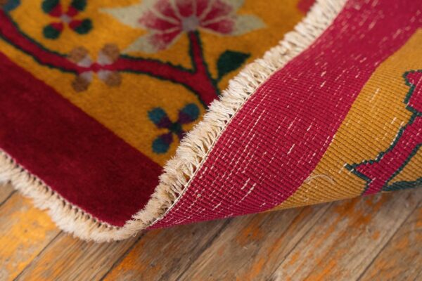 Antique chinese art deco carpet 8'10"×11'4" fuchsia field, gold border, floral design, 1920s - detail view 9