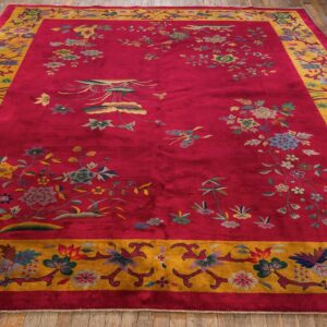 Antique Chinese Art Deco Carpet 8'10"×11'4" Fuchsia Field, Gold Border, Floral Design, 1920s - detail view 1