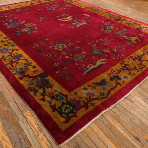 Antique Chinese Art Deco Carpet 8'10"×11'4" Fuchsia Field, Gold Border, Floral Design, 1920s - detail view 2
