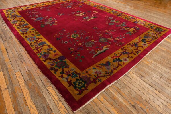 Antique chinese art deco carpet 8'10"×11'4" fuchsia field, gold border, floral design, 1920s - detail view 2