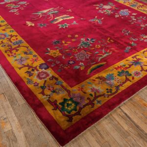 Antique Chinese Art Deco Carpet 8'10"×11'4" Fuchsia Field, Gold Border, Floral Design, 1920s - detail view 3