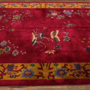 Antique Chinese Art Deco Carpet 8'10"×11'4" Fuchsia Field, Gold Border, Floral Design, 1920s - detail view 4