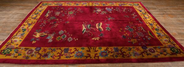Antique chinese art deco carpet 8'10"×11'4" fuchsia field, gold border, floral design, 1920s - detail view 4