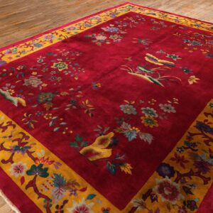 Antique Chinese Art Deco Carpet 8'10"×11'4" Fuchsia Field, Gold Border, Floral Design, 1920s - detail view 5