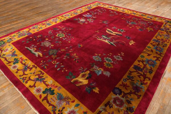 Antique chinese art deco carpet 8'10"×11'4" fuchsia field, gold border, floral design, 1920s - detail view 5
