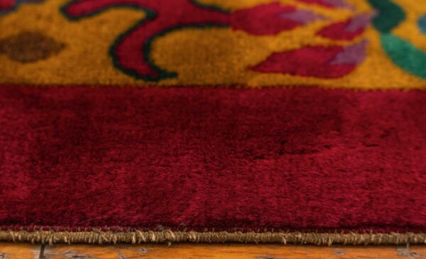 Antique chinese art deco carpet 8'10"×11'4" fuchsia field, gold border, floral design, 1920s - detail view 6