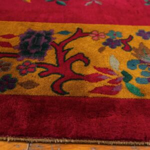 Antique Chinese Art Deco Carpet 8'10"×11'4" Fuchsia Field, Gold Border, Floral Design, 1920s - detail view 7