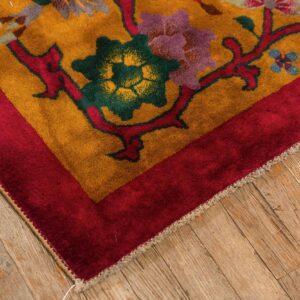 Antique Chinese Art Deco Carpet 8'10"×11'4" Fuchsia Field, Gold Border, Floral Design, 1920s - detail view 8