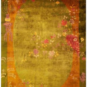 Antique Chinese Art Deco Carpet 11'×15'7" Green Field, Asymmetric Floral, 1920s