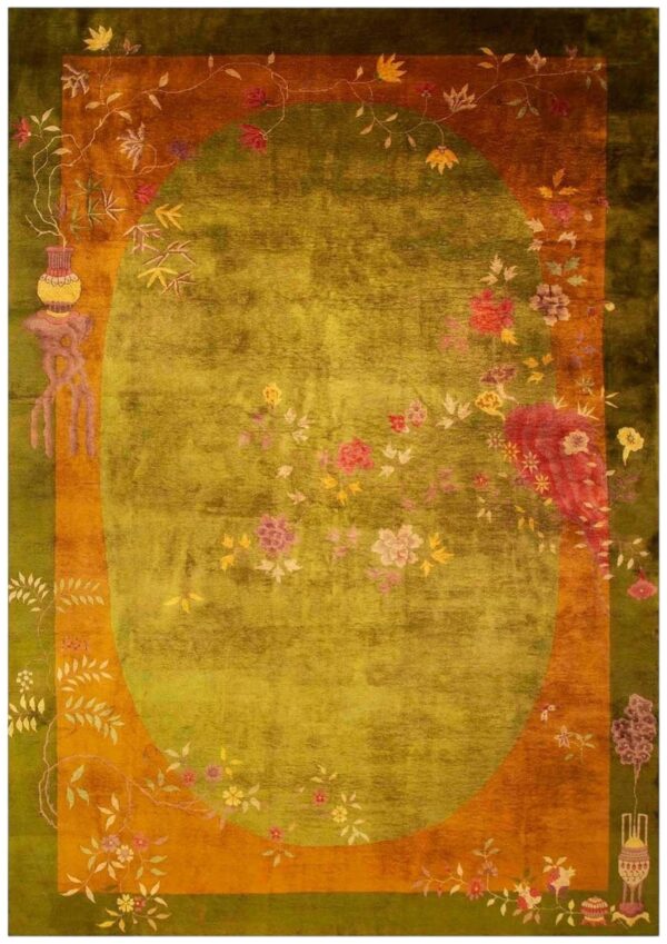 Antique chinese art deco carpet 11'×15'7" green field, asymmetric floral, 1920s