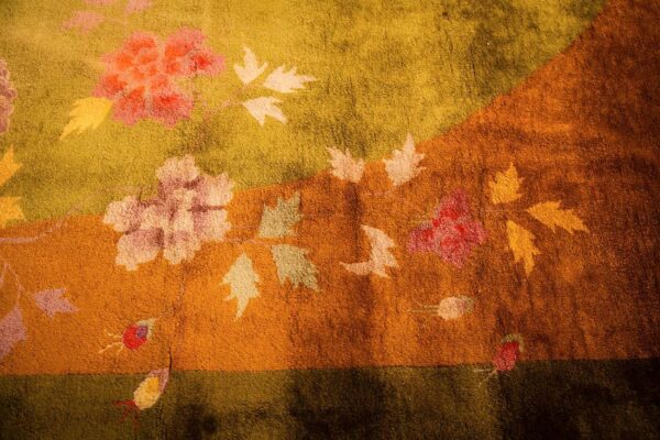 Antique chinese art deco carpet 11'×15'7" green field, asymmetric floral, 1920s - detail view 9