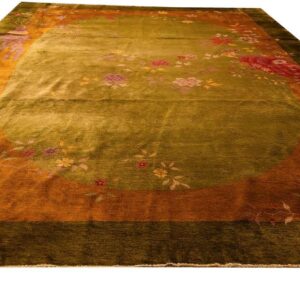 Antique Chinese Art Deco Carpet 11'×15'7" Green Field, Asymmetric Floral, 1920s - detail view 1