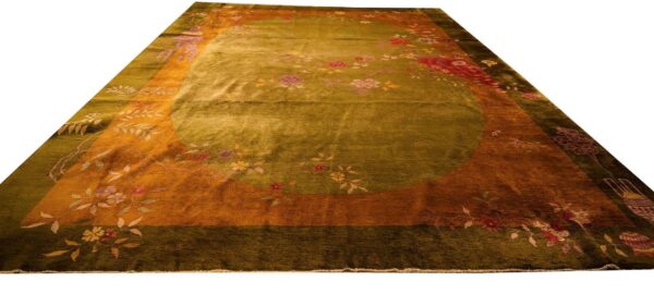 Antique chinese art deco carpet 11'×15'7" green field, asymmetric floral, 1920s - detail view 1