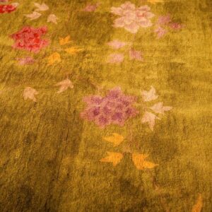 Antique Chinese Art Deco Carpet 11'×15'7" Green Field, Asymmetric Floral, 1920s - detail view 2