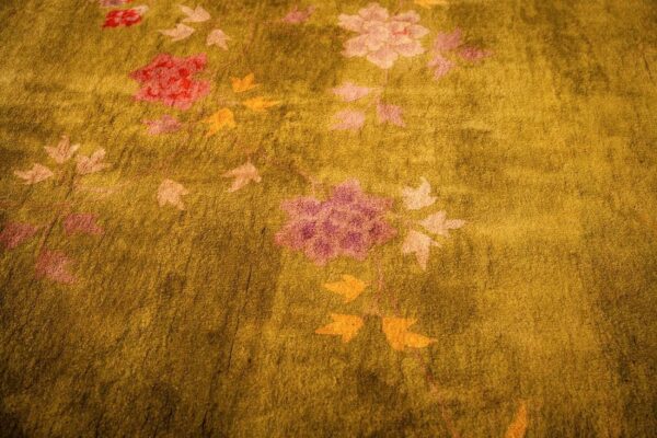 Antique chinese art deco carpet 11'×15'7" green field, asymmetric floral, 1920s - detail view 2