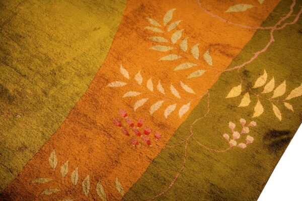 Antique chinese art deco carpet 11'×15'7" green field, asymmetric floral, 1920s - detail view 3