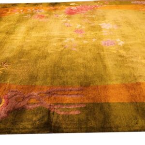 Antique Chinese Art Deco Carpet 11'×15'7" Green Field, Asymmetric Floral, 1920s - detail view 4