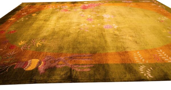 Antique chinese art deco carpet 11'×15'7" green field, asymmetric floral, 1920s - detail view 4