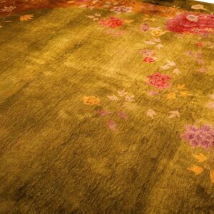 Antique Chinese Art Deco Carpet 11'×15'7" Green Field, Asymmetric Floral, 1920s - detail view 5
