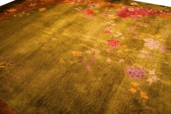 Antique chinese art deco carpet 11'×15'7" green field, asymmetric floral, 1920s - detail view 5