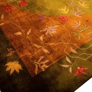 Antique Chinese Art Deco Carpet 11'×15'7" Green Field, Asymmetric Floral, 1920s - detail view 6