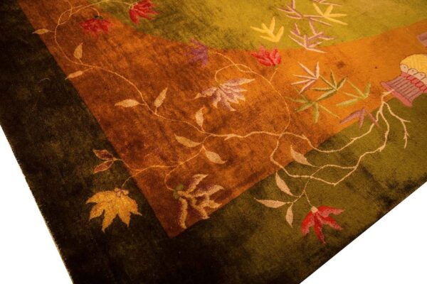 Antique chinese art deco carpet 11'×15'7" green field, asymmetric floral, 1920s - detail view 6