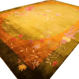 Antique Chinese Art Deco Carpet 11'×15'7" Green Field, Asymmetric Floral, 1920s - detail view 7