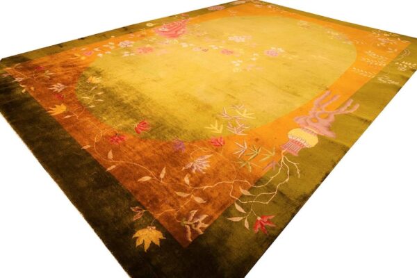 Antique chinese art deco carpet 11'×15'7" green field, asymmetric floral, 1920s - detail view 7