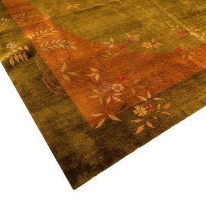 Antique Chinese Art Deco Carpet 11'×15'7" Green Field, Asymmetric Floral, 1920s - detail view 8