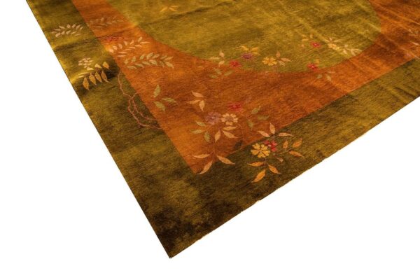 Antique chinese art deco carpet 11'×15'7" green field, asymmetric floral, 1920s - detail view 8