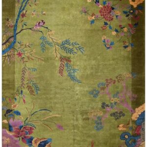 Antique Chinese Art Deco Carpet 9'×11'6" Green Field, Floral Design, Modern Style, 1920s