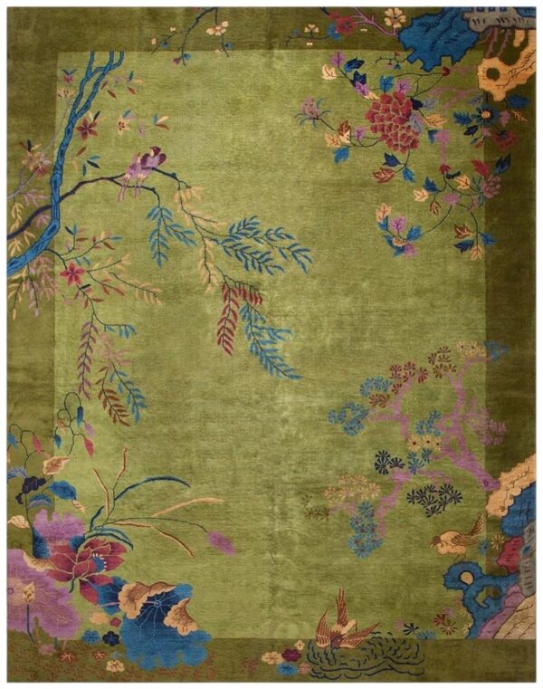 Antique chinese art deco carpet 9'×11'6" green field, floral design, modern style, 1920s