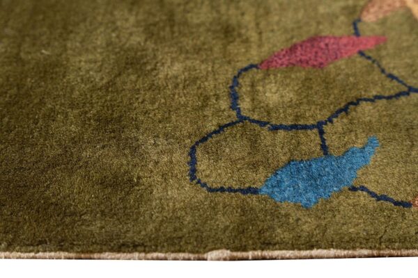 Antique chinese art deco carpet 9'×11'6" green field, floral design, modern style, 1920s - detail view 9