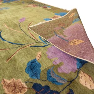 Antique Chinese Art Deco Carpet 9'×11'6" Green Field, Floral Design, Modern Style, 1920s - detail view 10