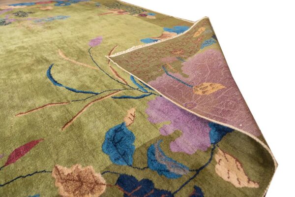 Antique chinese art deco carpet 9'×11'6" green field, floral design, modern style, 1920s - detail view 10