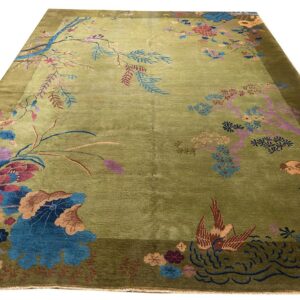 Antique Chinese Art Deco Carpet 9'×11'6" Green Field, Floral Design, Modern Style, 1920s - detail view 1