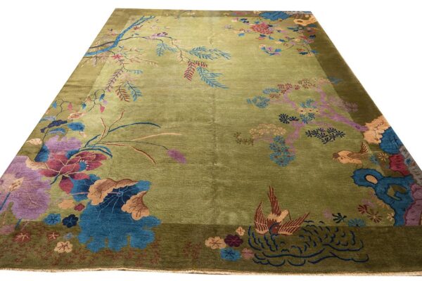 Antique chinese art deco carpet 9'×11'6" green field, floral design, modern style, 1920s - detail view 1