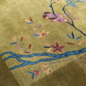 Antique Chinese Art Deco Carpet 9'×11'6" Green Field, Floral Design, Modern Style, 1920s - detail view 2