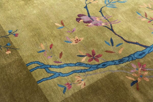 Antique chinese art deco carpet 9'×11'6" green field, floral design, modern style, 1920s - detail view 2