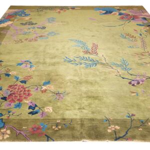 Antique Chinese Art Deco Carpet 9'×11'6" Green Field, Floral Design, Modern Style, 1920s - detail view 3