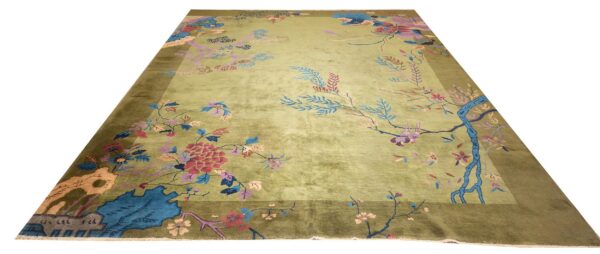 Antique chinese art deco carpet 9'×11'6" green field, floral design, modern style, 1920s - detail view 3