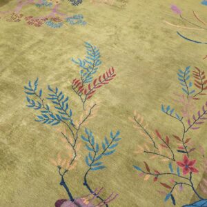 Antique Chinese Art Deco Carpet 9'×11'6" Green Field, Floral Design, Modern Style, 1920s - detail view 4