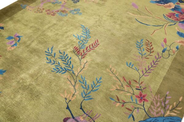 Antique chinese art deco carpet 9'×11'6" green field, floral design, modern style, 1920s - detail view 4