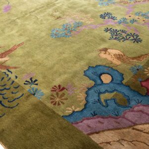 Antique Chinese Art Deco Carpet 9'×11'6" Green Field, Floral Design, Modern Style, 1920s - detail view 5