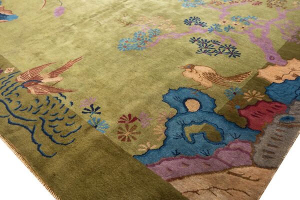 Antique chinese art deco carpet 9'×11'6" green field, floral design, modern style, 1920s - detail view 5