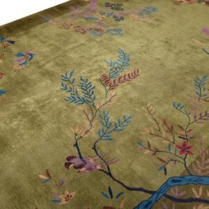 Antique Chinese Art Deco Carpet 9'×11'6" Green Field, Floral Design, Modern Style, 1920s - detail view 6