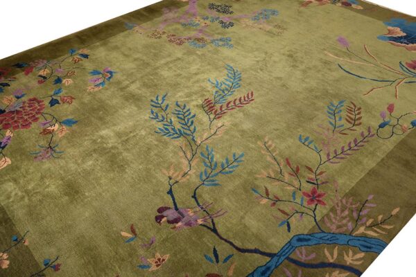 Antique chinese art deco carpet 9'×11'6" green field, floral design, modern style, 1920s - detail view 6