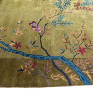 Antique Chinese Art Deco Carpet 9'×11'6" Green Field, Floral Design, Modern Style, 1920s - detail view 7