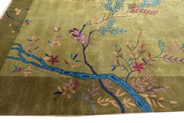 Antique chinese art deco carpet 9'×11'6" green field, floral design, modern style, 1920s - detail view 7