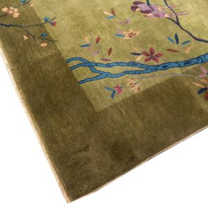 Antique Chinese Art Deco Carpet 9'×11'6" Green Field, Floral Design, Modern Style, 1920s - detail view 8